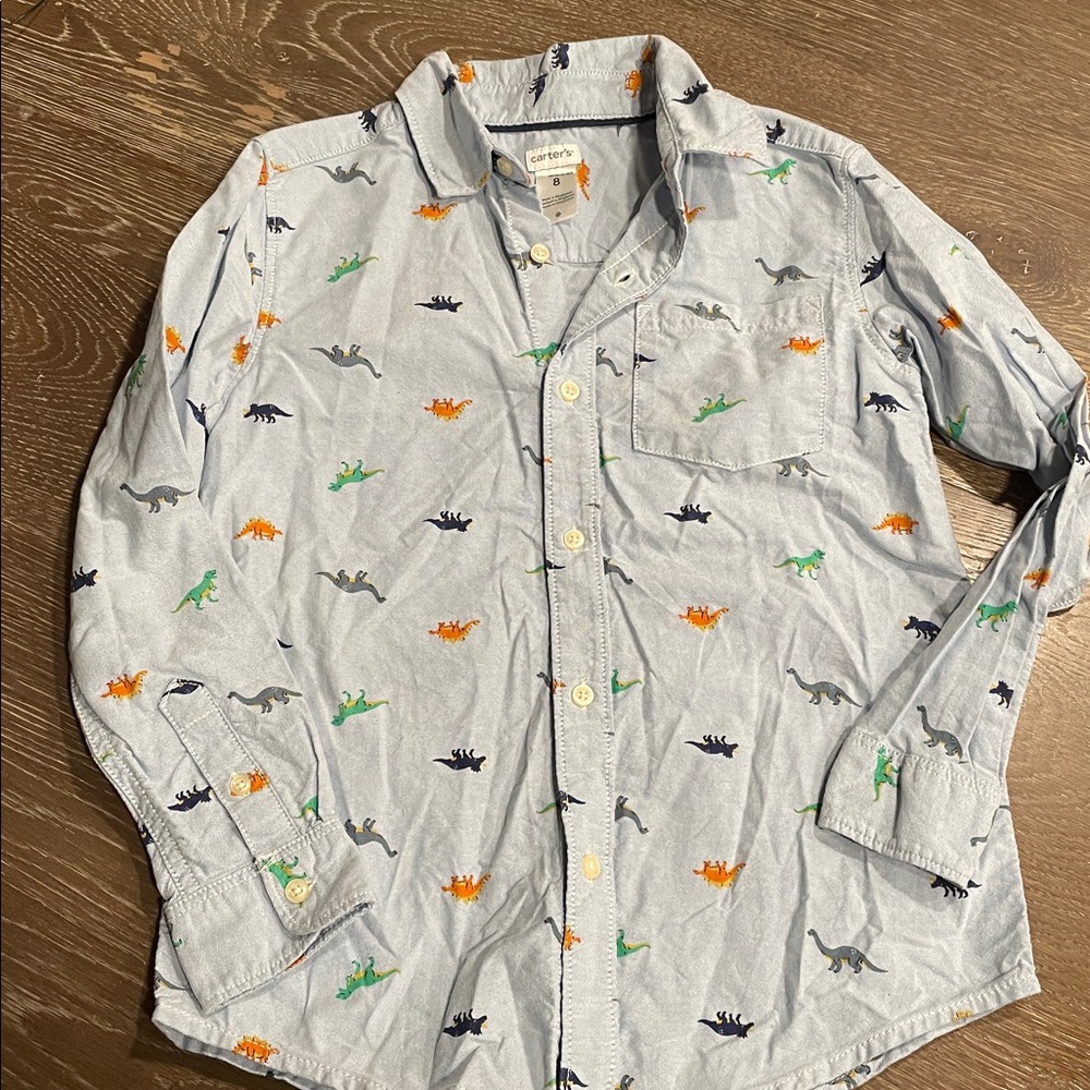 Boys Button-down Shirt Carter's cotton blue Collared dinosaur print T Rex size 8 - Picture 1 of 6
